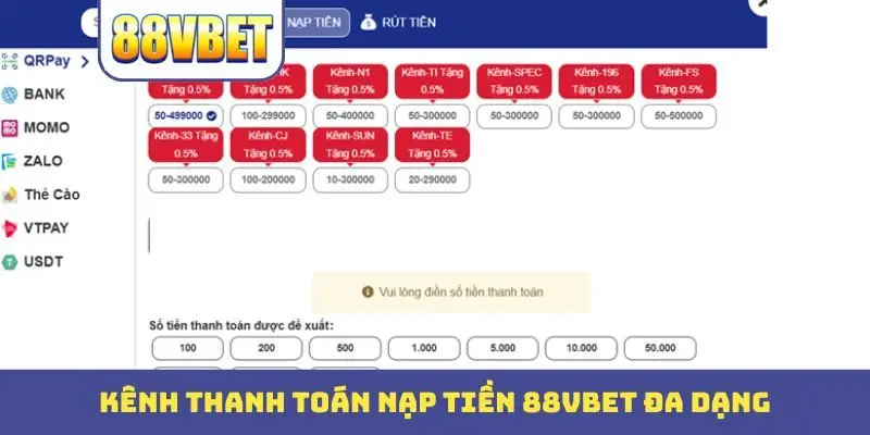 Kênh thanh toán nạp tiền 88Bbet đa dạng